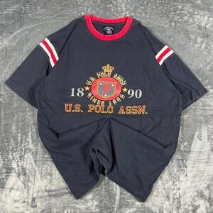 Y2K U.S. Polo Assn. Navy Blue & Red Striped Graphic T-Shirt - size large